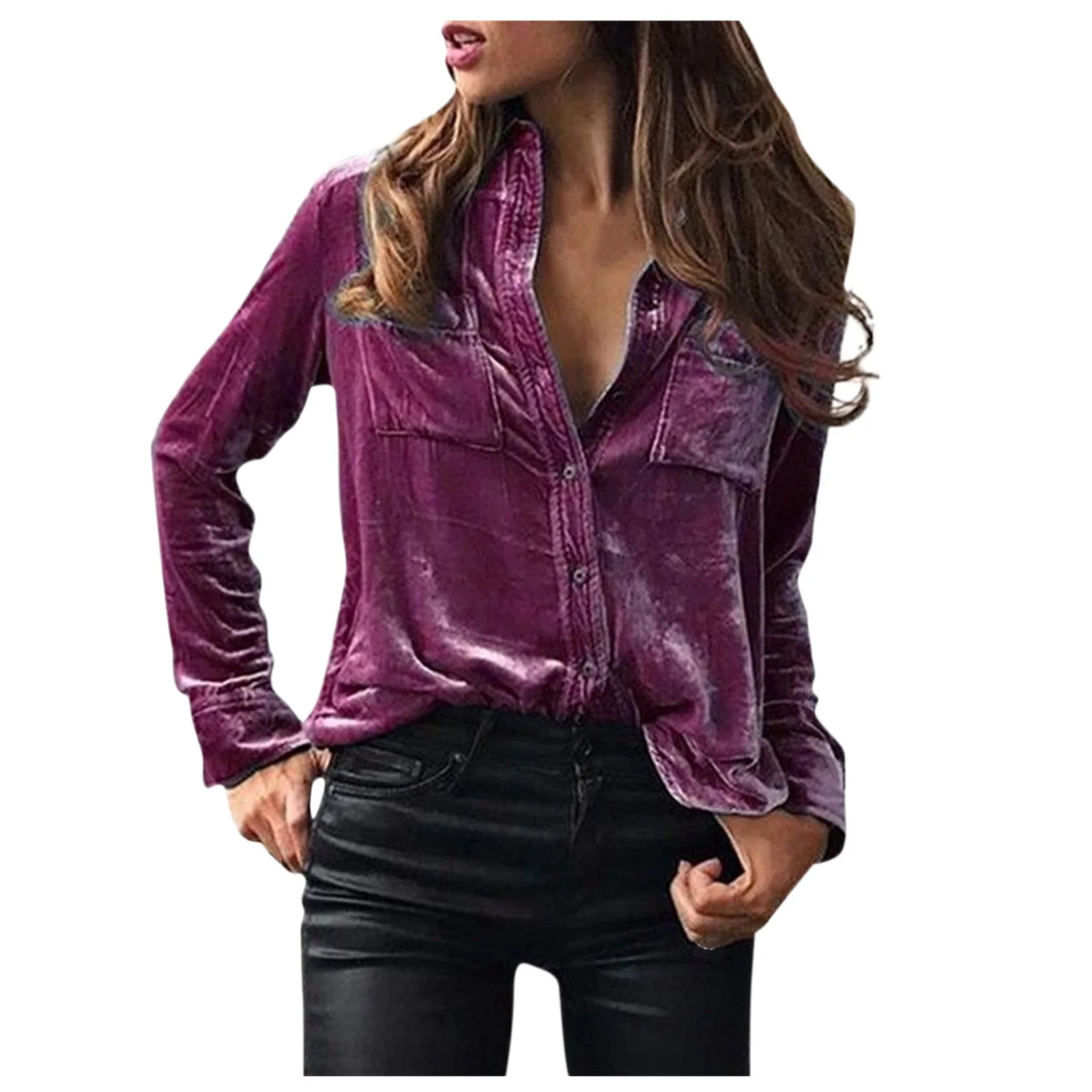 

Women's Winter Fashion Velvet Long Sleeve Button Pocket Casual Shirt Top Flannel Shirt Women Blusas Mujer De Moda 2023