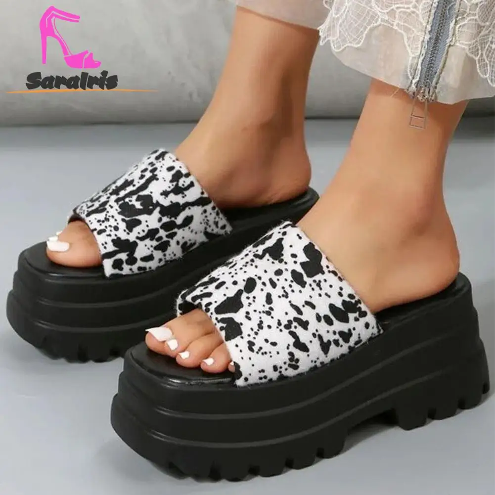 Saralris 2023 Summer Women Splatter Paint Pattern Single Platform Sandals Fashionable Comfort Outdoor Nylon Slide Slipper Shoes
