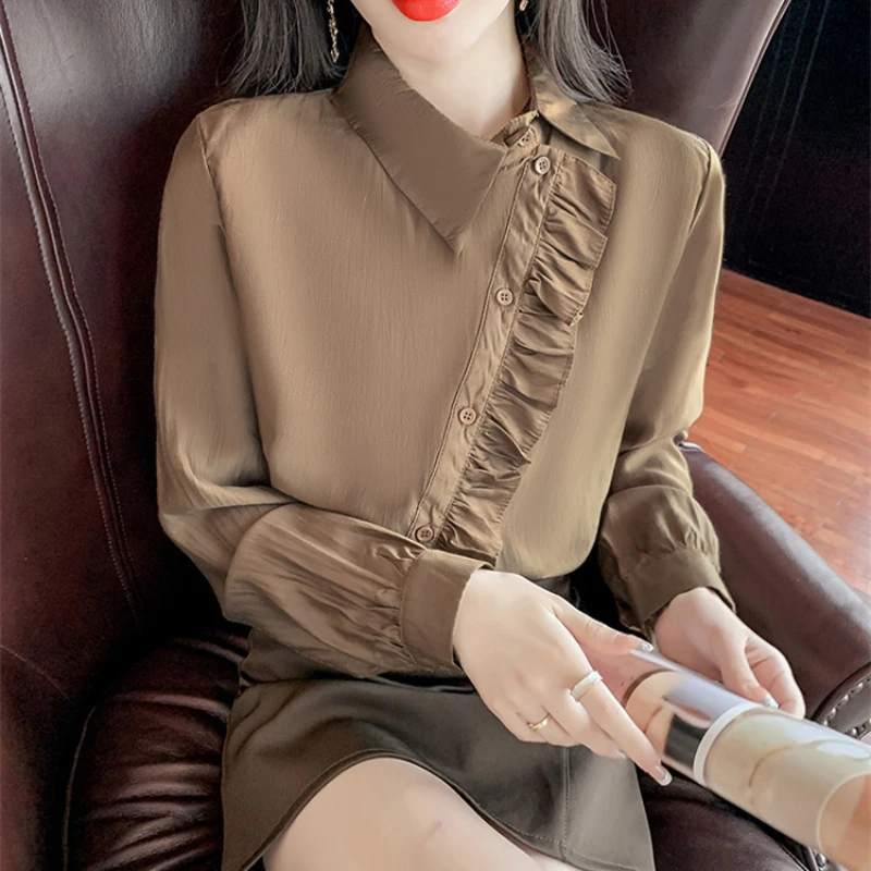 

Ruffled Long-sleeved Shirt Women's New Spring 2022 Fashion Shirts with Irregular Design Sense Top Clothes