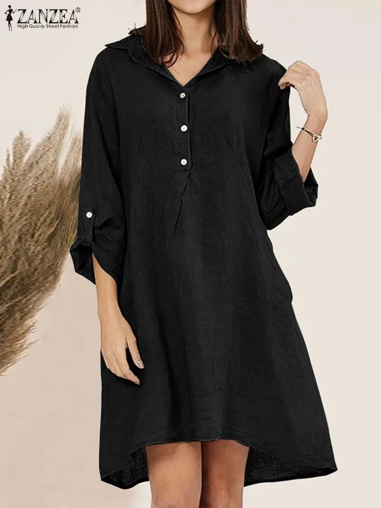

ZANZEA Autumn Women's Fashion Dress Full Sleeve Lapel Neck Solid Color Mini Sundress Elegant Vintage Work OL Robe Oversized 2022