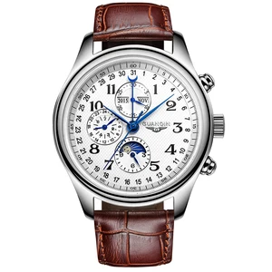 GUANQIN Автоматические Мужские механические наручные часы Роскошные сапфировые водонепроницаемые часы для мужчин t день дата Луна год кожаный металлический ремешок