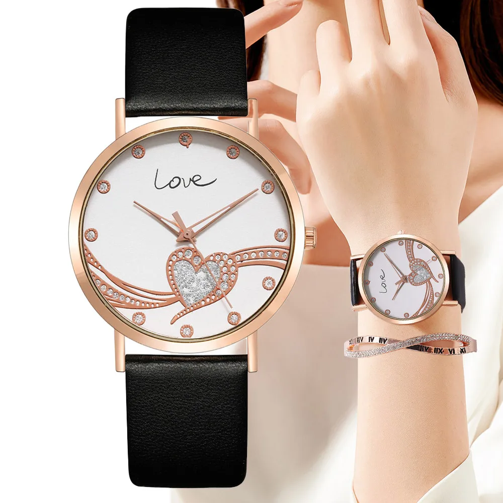 Fashion 2023 Women's Brands Quartz Watches Simple Crystal Heart shape Love Design Ladies Watches Black Leather Luxury Gift Clock