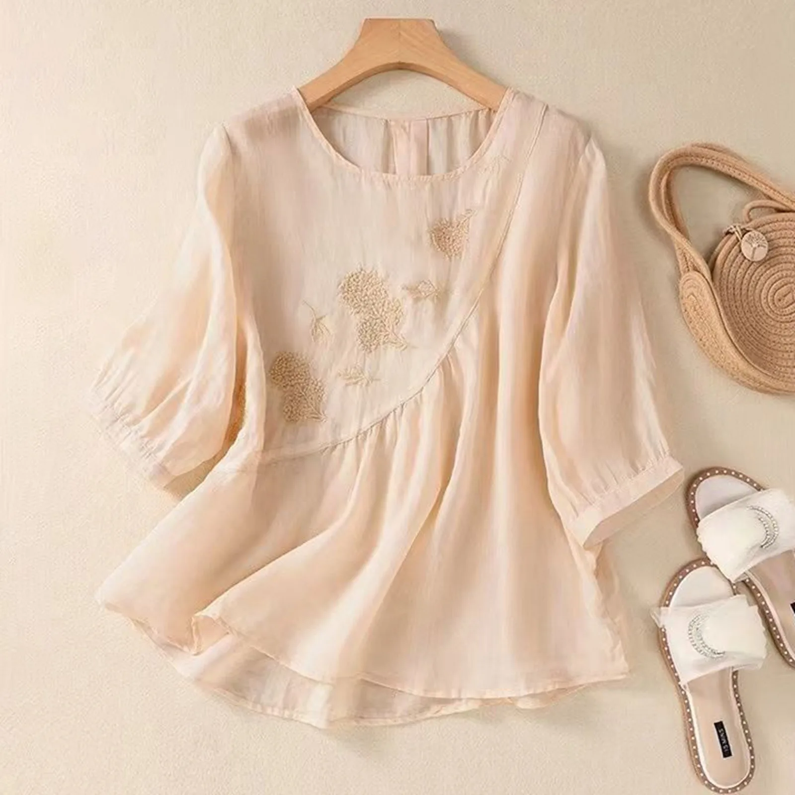 Рубашка женская компрессионная с вышивкой блуза круглым вырезом и длинным