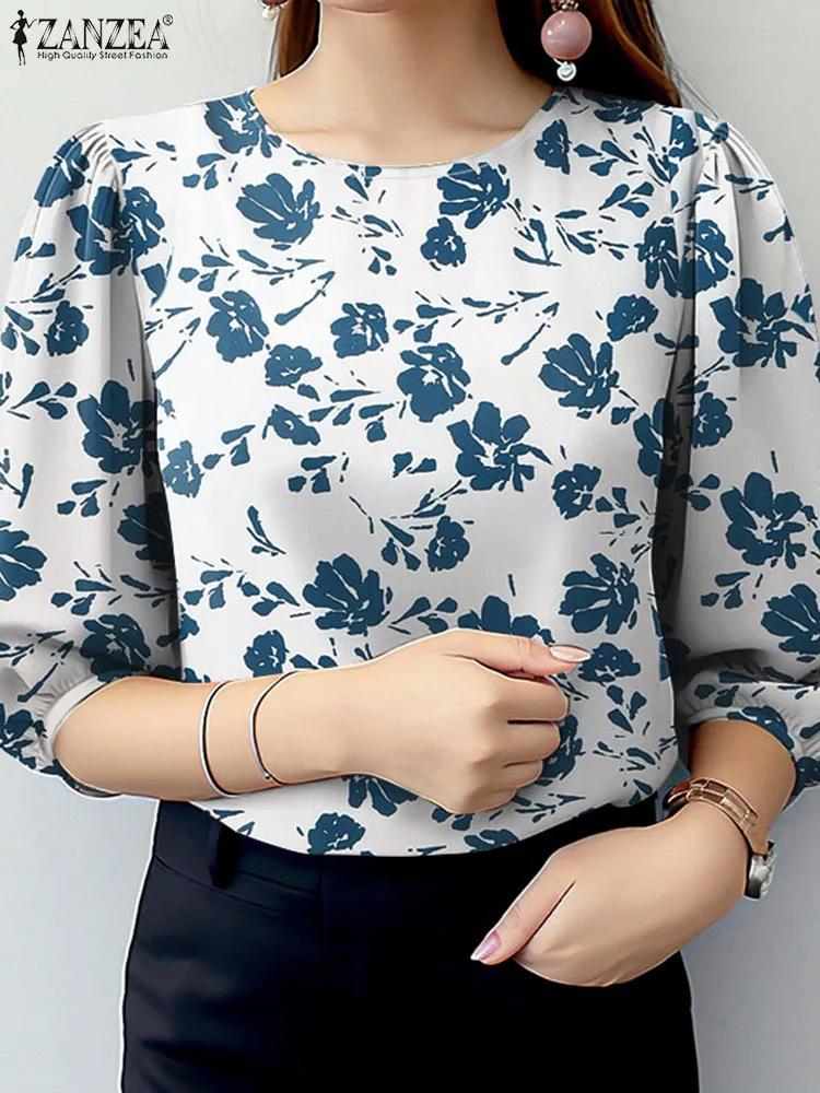 ZANZEA женские Blusas Mujer с пышными рукавами элегантные рубашки круглым вырезом и