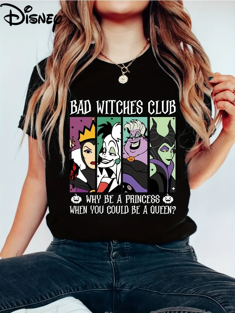 Фото Футболка Disney Bad Witch Club, забавная женская футболка с короткими рукавами и мультяшным рисунком, одежда в стиле Харадзюку на весну, лето и осень №1