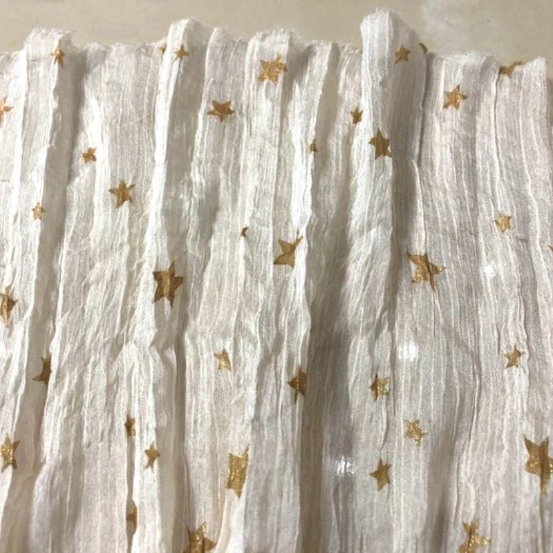 

Chemical Fibers Summer Soft Beige Vertical Pleated Bottom Golden Yellow Five-Pointed Star Hot Printed Pattern Translucent