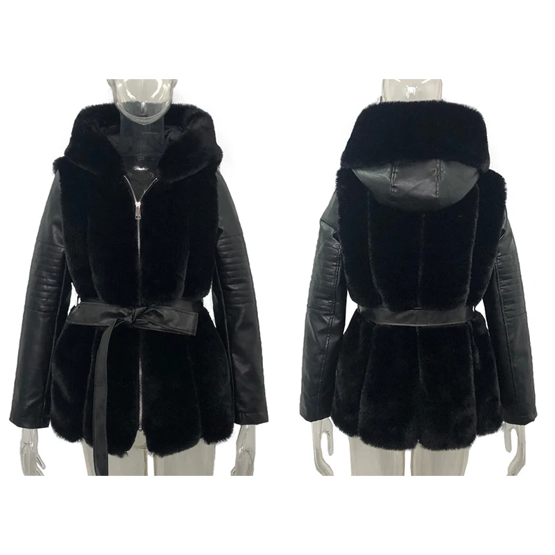 Warm Rabbit Faux Fur Coats Women Fashion Slim Hooded Jackets Winter Women Elegant Tie Belt Leather Fur Coats Parkas Female