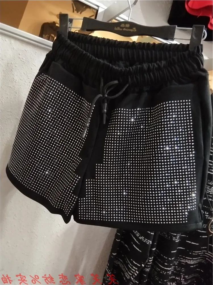 2023 Spring Summer Shorts Women Elastic Waist Rhinestone Hot Diamond Wide Leg Shorts Loose Slimming Lace-up Black Casual Shorts