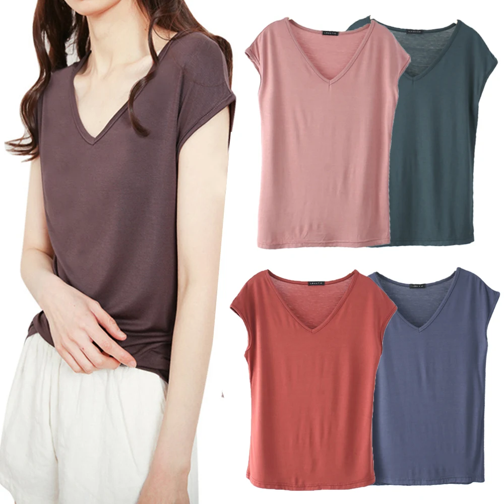 

V Neck Basic Tshirt Summer Women Tee Basic Tops Undershirt Pullover Loose Casual Solid Short Sleeve Soft Top Tee Shirt
