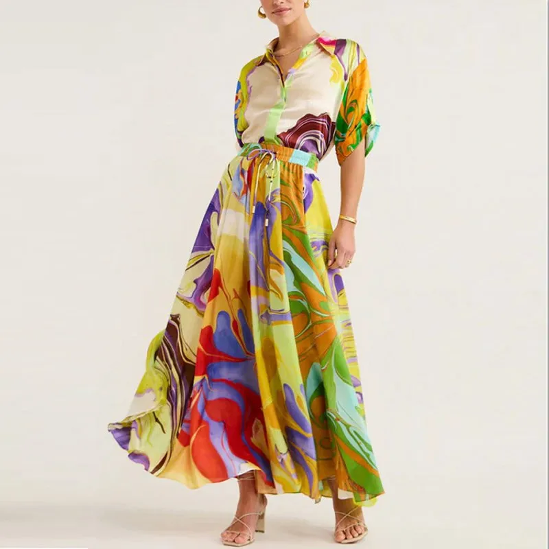 

2 Piece Women Skirt Sets 2024 New Summer Autumn Printed Fashion Shirts Blouse Tops And Long Skirts Matching Set Two Piece Suit