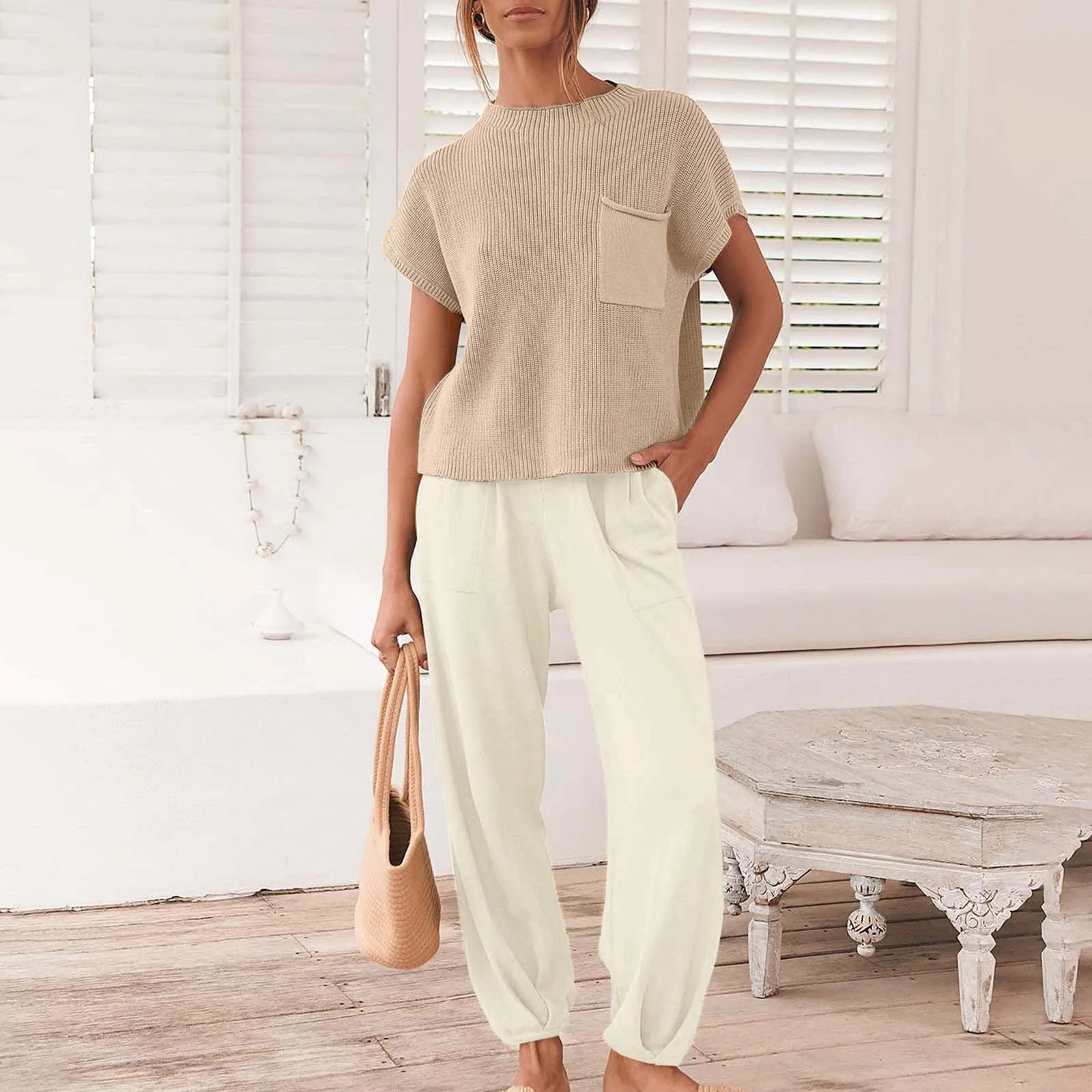 Весна 2025 года вязаный женский костюм-свитер майка без рукавов широкие брюки