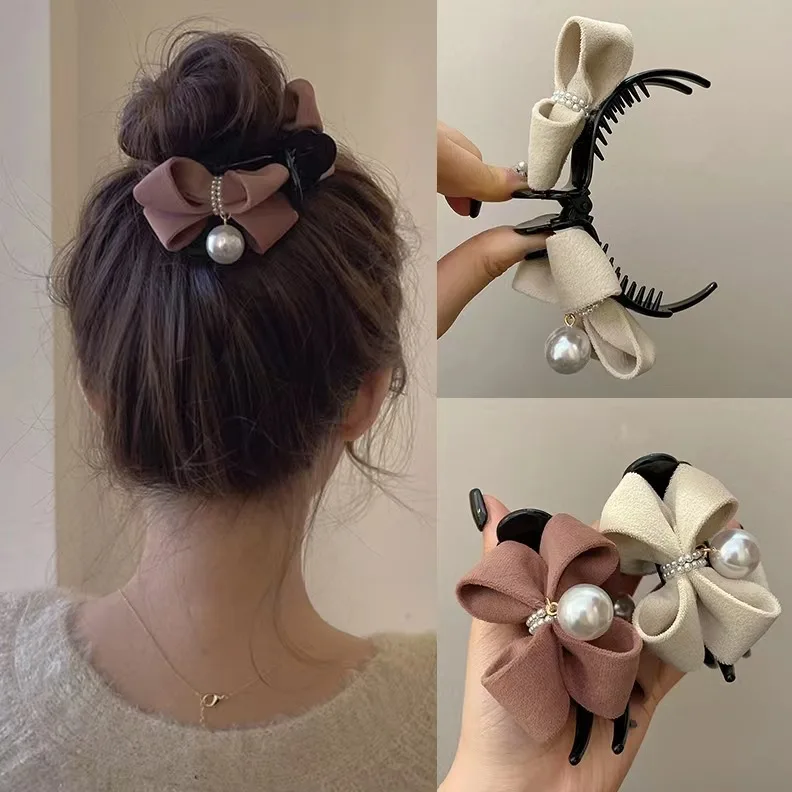 

Pearl Bow Hairpin Sweet Plush Ponytail Fixed Hair Claw Oversize Fashion Hairgrips Elegant Soft Solid Hair Clip For Girl Headwear