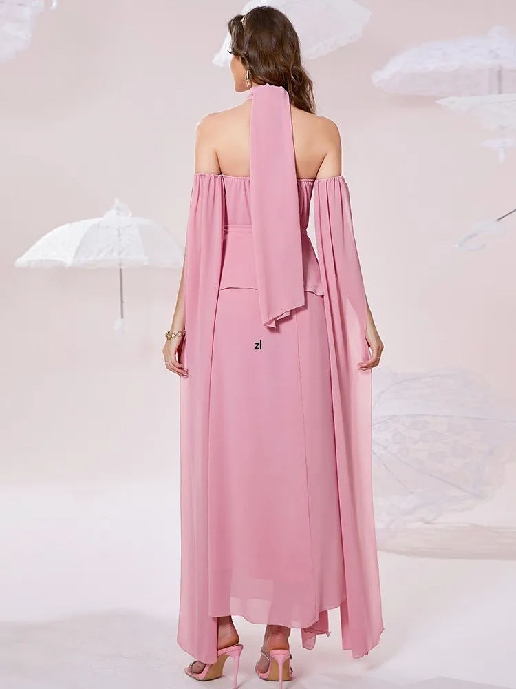 Abaya Muslim Long Dress Women Appliques Cross Halter Robes Summer New Solid Pink Elegant Sweet Dinner Party Muslim Maxi Dresses