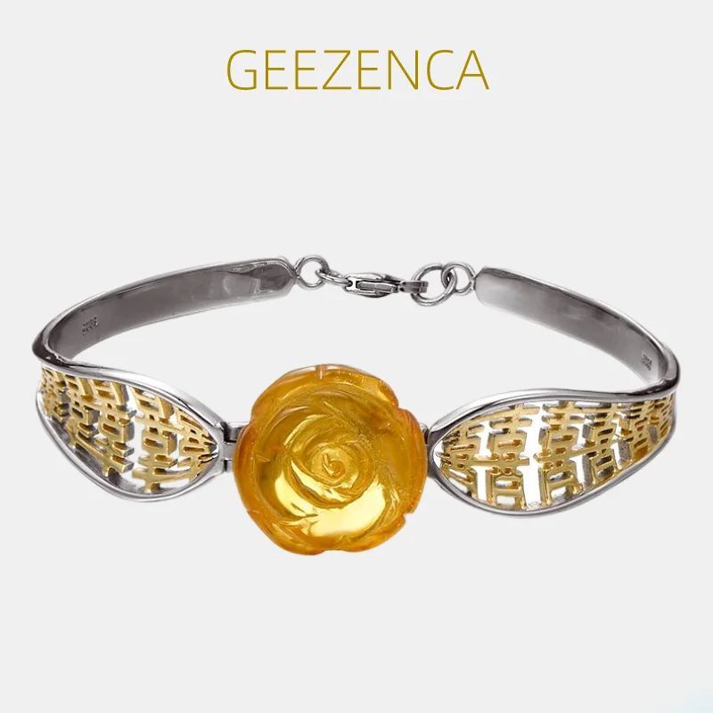 

GEEZENCA Luxury 925 Silver Hollow Amber Rose Flower Bangles For Women Vintage Chinese Style Bracelet Bangle With Natural Stone