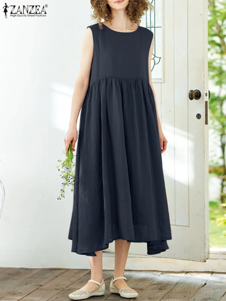 

Платье ZANZEA женское ТРАПЕЦИЕВИДНОЕ с круглым вырезом, повседневный однотонный праздничный сарафан без рукавов, большие размеры, на лето