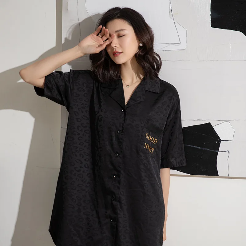 

Sexy Leopard Female Nightwear Casual Sleepshirt Intimate Lingerie Embroidery Letter Nightgown Homewear Short Sleeve Nightdress