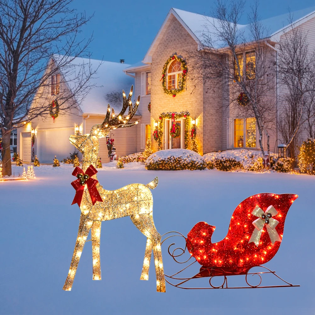 

Christmas Reindeer Pulling Sled Set With LED Lights Bows Luminous Decorative Ornaments Party Supplies For Christmas Decoration
