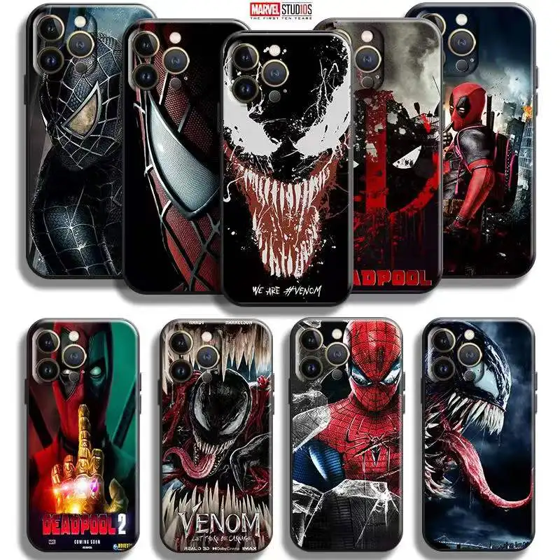 Funda de teléfono para Apple iPhone 13, 12, 11 Pro, 13, 12 Mini, X, XR, XS Max, SE 5, 6, 6S, 7, 8 Plus, cubierta de silicona líquida, Spiderman, Venom, Deadpool