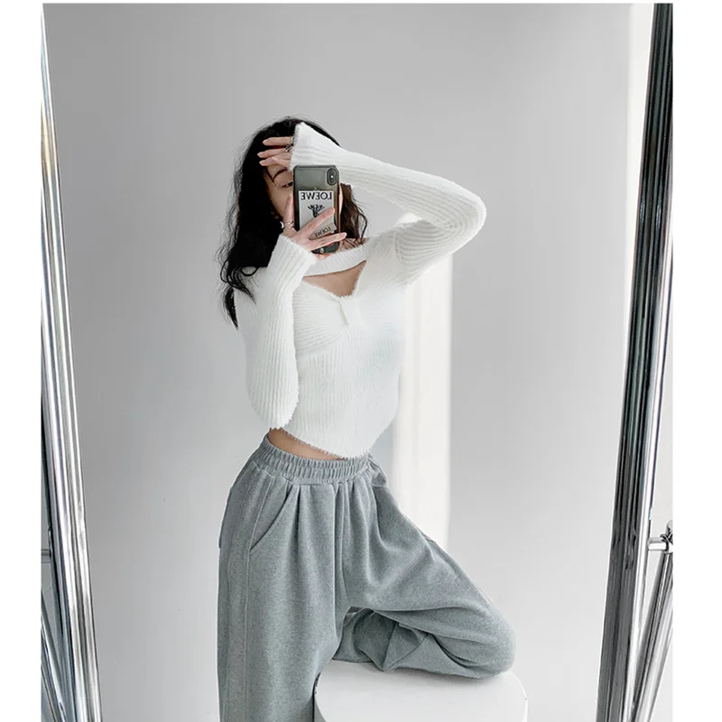 

Пикантный вязаный свитер для женщин, новинка весны 2023, стильный дизайн, тонкий корейский модный элегантный пуловер, женский укороченный шик...