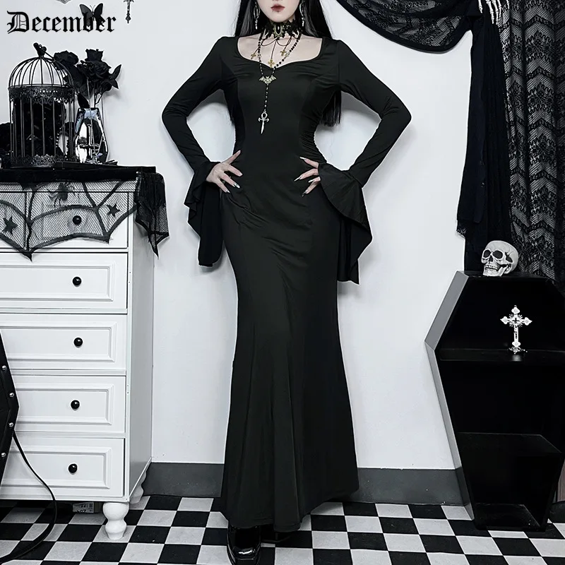 

December Halloween Gothic Women Dress Long Sleeve High Waist Dresses 2023 New Goth Aesthetic 90s Egirl Sexy Slim Party Club