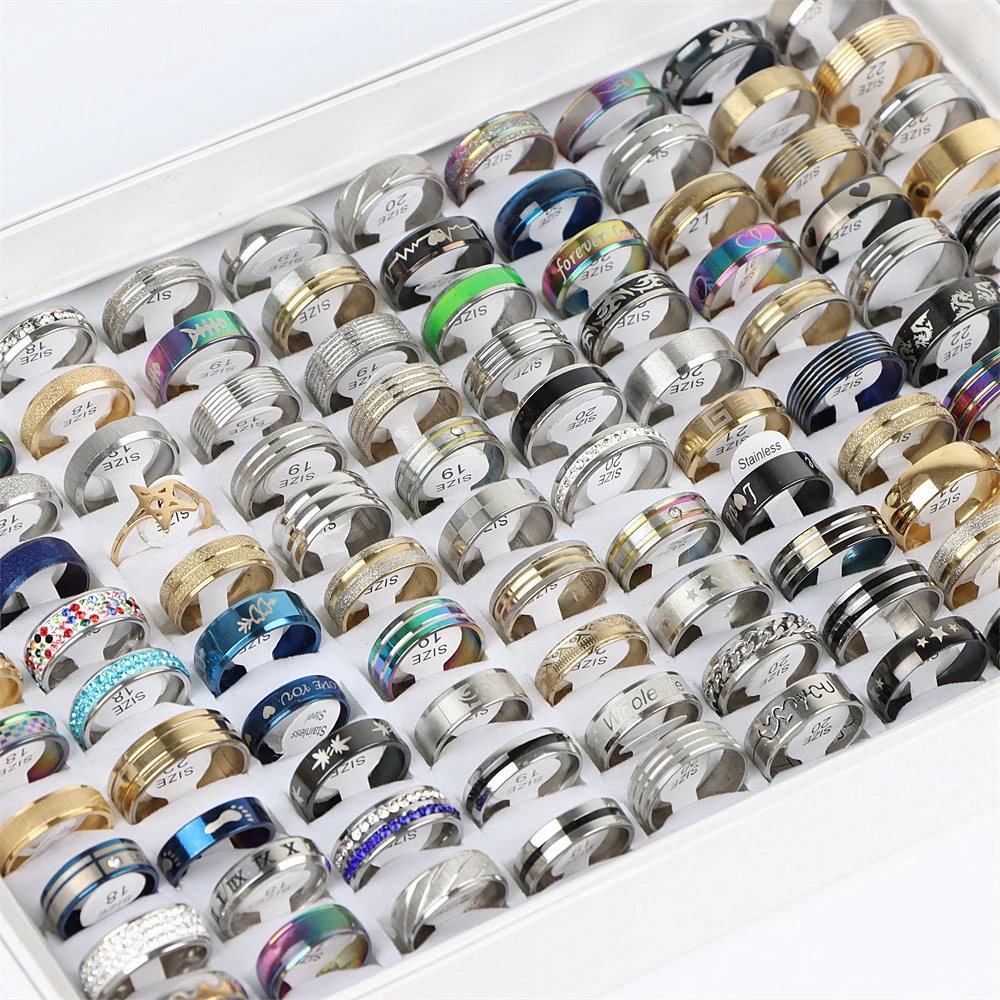 

50 шт./лот Оптовая Продажа Модные Полосатые красочные кольца из нержавеющей стали для женщин и мужчин Смешанные стильные ювелирные изделия п...