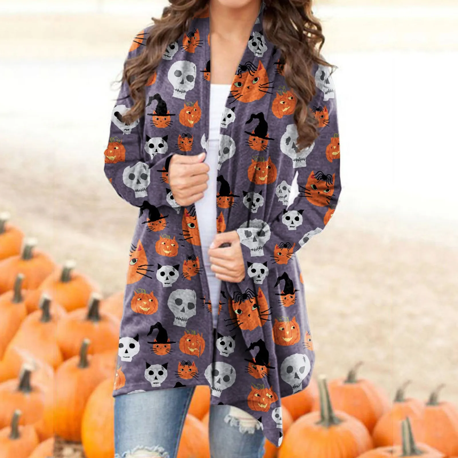 

Women Cardigan Halloween Fashionable Pumpkin Animal Cat Printing Jacket Long Sleeve Coat Female Autumn Winter Clothes