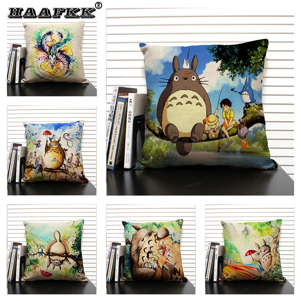 

Hayao Miyazaki Works Watercolor Totoro Cushion Cover Howl's Moving Castle Castle In The Sky Decorative Sofa Pillow Case