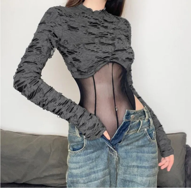 

Women Clothing Spring Street Sexy Mesh Spliced Long Sleeve Top Perforated Contrast Cut Out Bodysuit Playsuits