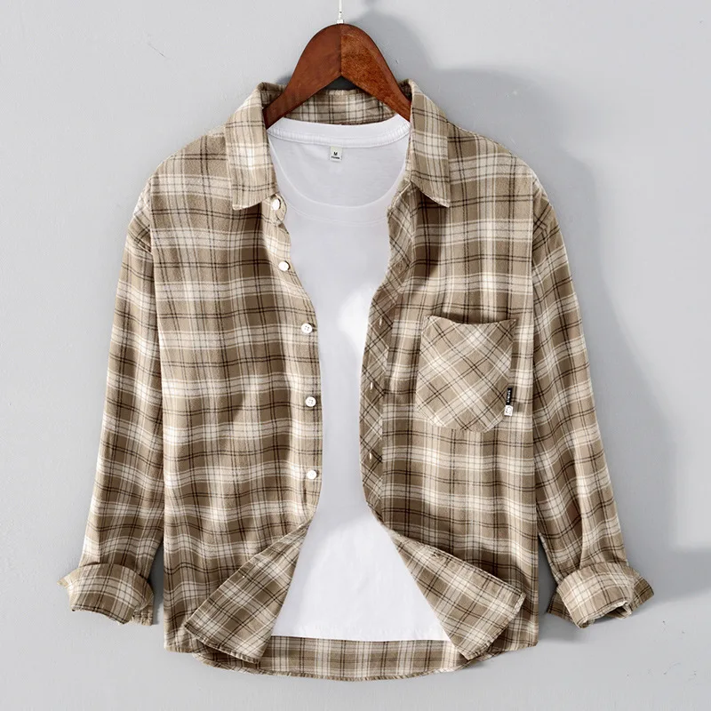 

Рубашка мужская в клетку, фланелевая блуза в стиле ретро, с начесом, свободная повседневная классическая простая универсальная Молодежная кофта с длинными рукавами и карманами, в японском стиле
