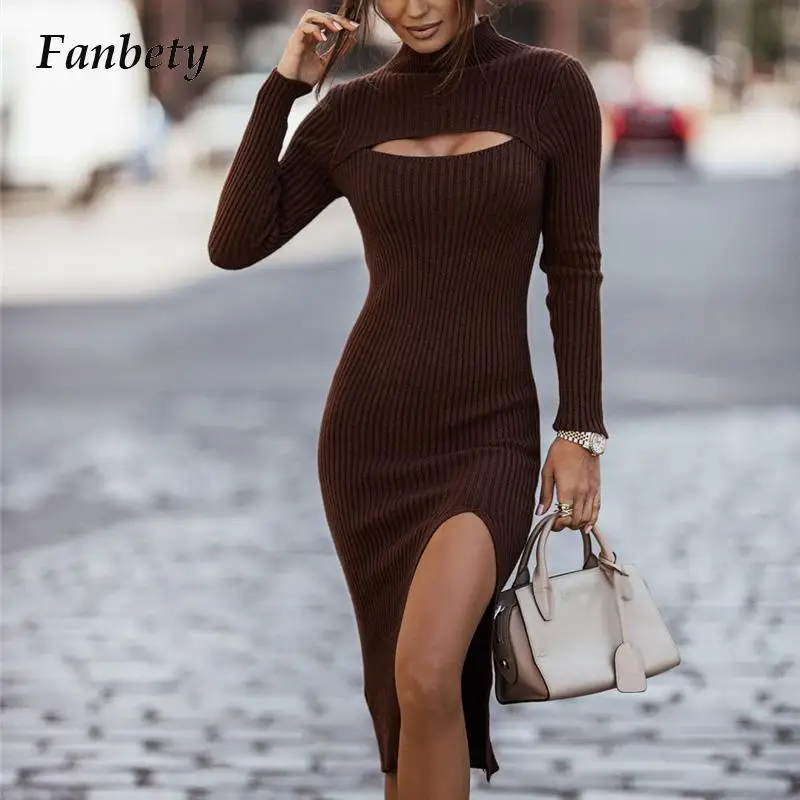 

Sexy Skinny Ribbed Half High Collar Ladies Dress Women Fashion Hollow Out Knitted Sweater Dress Elegant Slit Long Party Dresses