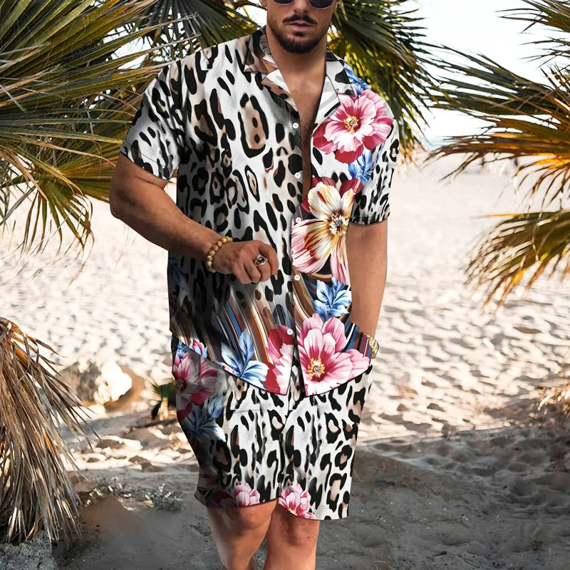 

2022 Summer New Men's Casual Beach Pants+3d Printing Leopard Flower Pattern Short -sleeved Shirt Fashion Two -piece Suit