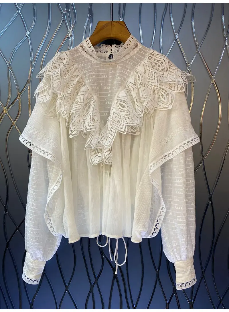 High Qulaity Designer Blouses 2022 Spring Summer Fashion White Tops Women Ruffle Lace Patchwork Long Sleeve Elegant Tops Blusa