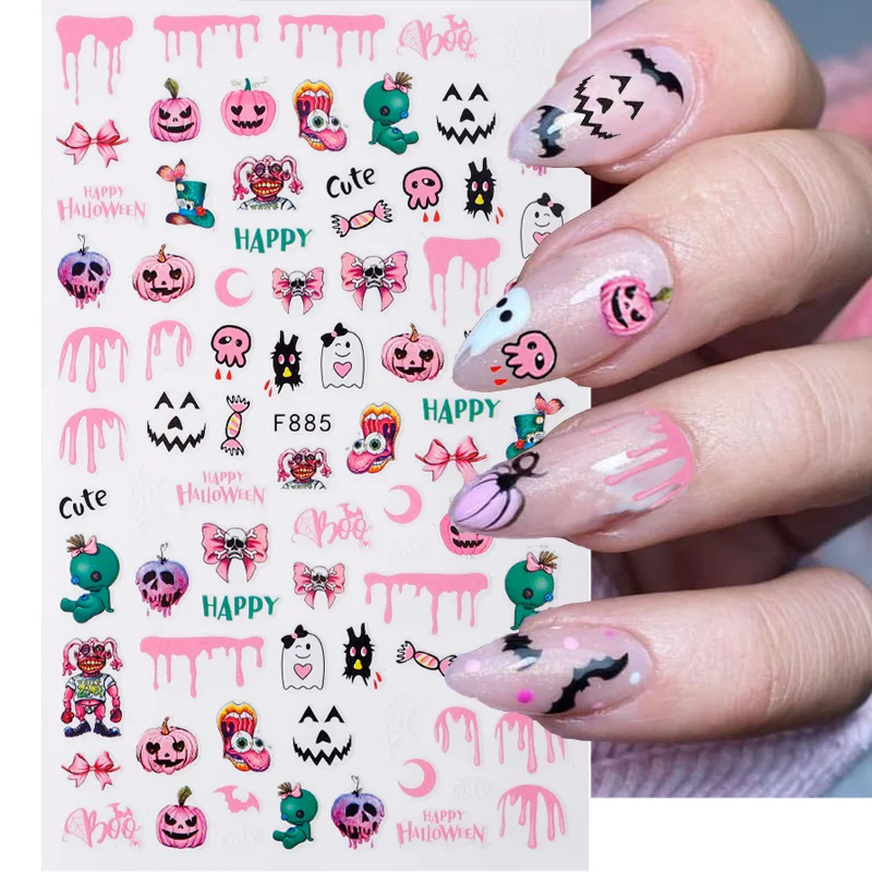 

Halloween Nail Sticker 3D Pink Pumpkin Cute Cartoon Horror Blood Hand Skull Ghost Spider Design Decals DIY Nail Art Decoration