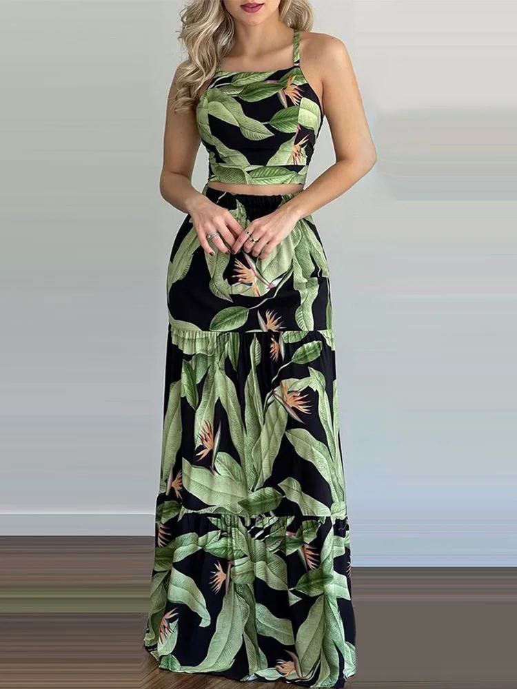 

Tropical Print HalterSummerPiece Set Two Sleeveless Top Skirt Set Women