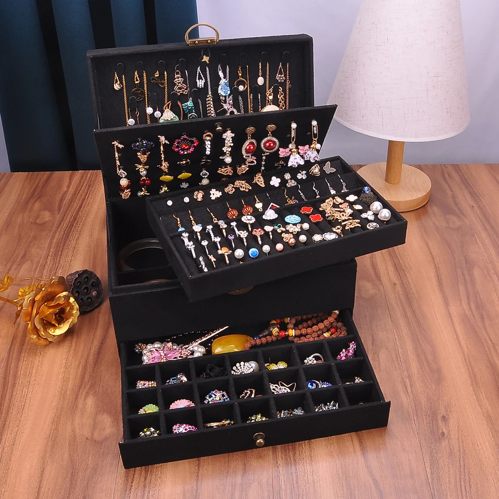 Women Jewelry Box Storage Velvet Big Rings Earrings Makeup Case Necklace Holder Organizer Lock Key Bangle Watch Jewel Display