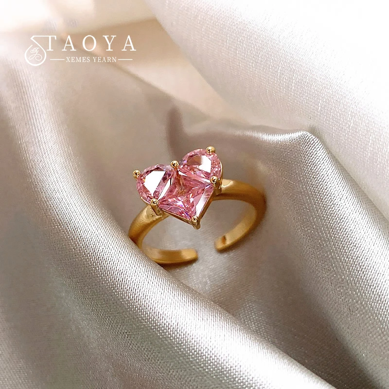 

French Romantic Pink Heart-shaped Zircon Gold Color Open Rings Party Women's Luxury Set Jewelry Korean Girls Fashion Accessories