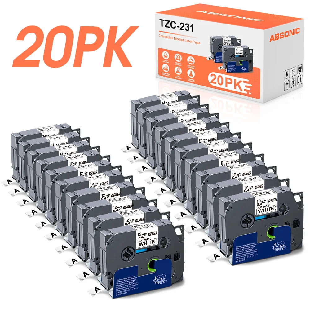 

Absonic 20PK 12 мм этикетка 231 ламинированная лента для Brother 231 S231 FX231 кассета лента совместимая с Brother PTH110 этикеток
