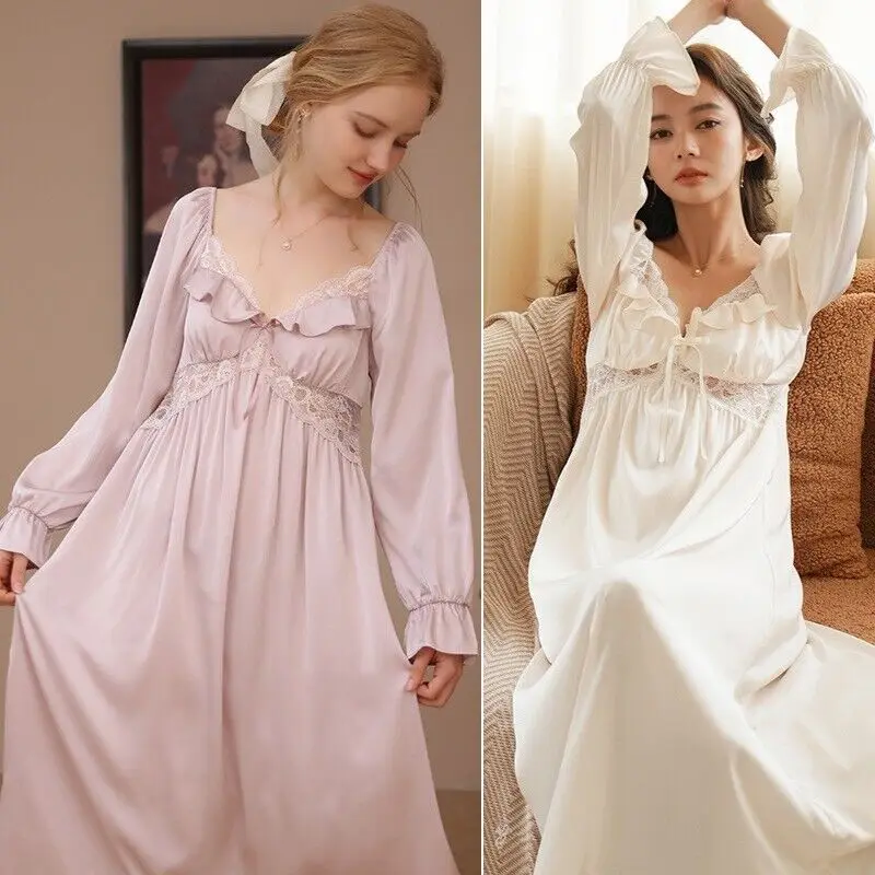 Vintage Princess Sleepwear Women Spring Summer Ice Silk Feel  Long Pajama Nightdress Fairy Ruffles Lace Victorian Nightgowns