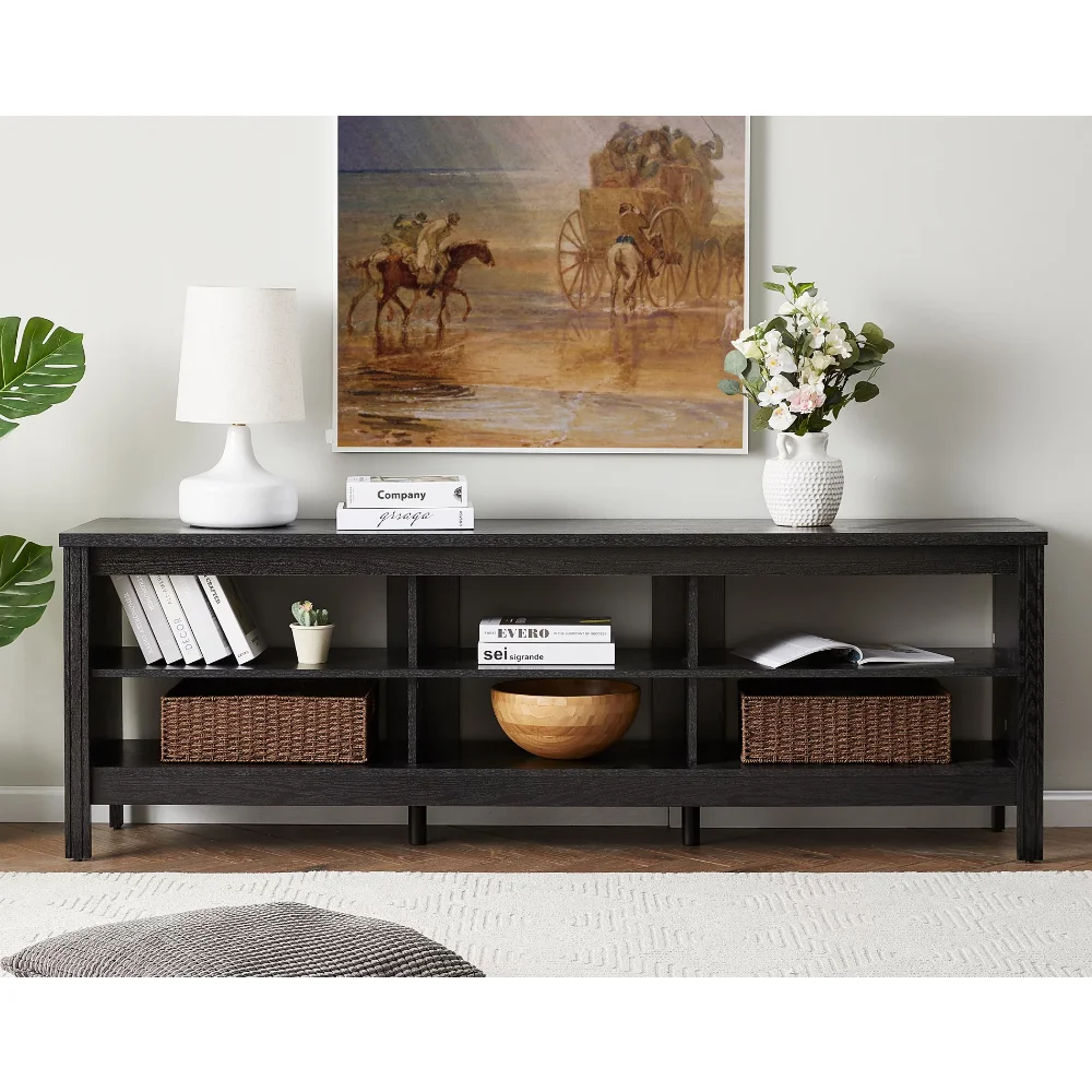 For 75 Inch Tv, Farmhouse Wood Tv Cabinet With 6 Cubby For Living Room Bedroom,70 Inch Black