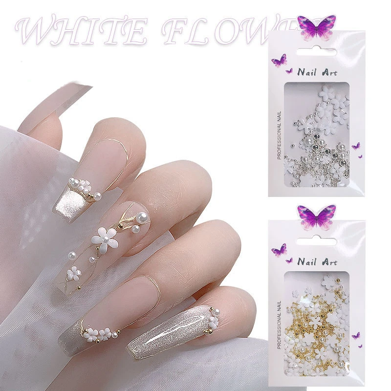 

Nail Ornaments White Small Flower Gold Silver Steel Beads Mix Size 3D Nail Art Decorations Rhinestones DIY Manicure Accessorie