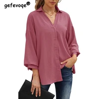 spring autumn solid color loose casual chiffon shirt women three quarter sleeves v neck button all match aesthetic blouse female