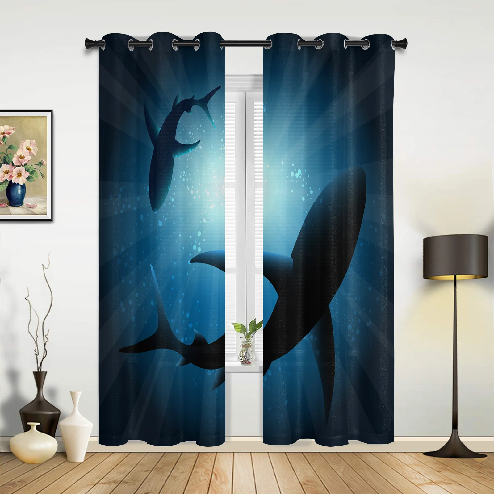 

Shark Silhouette In Sun Rays Curtains for Bedroom Living Room Drapes Kitchen Children's Room Window Curtain Modern Home Decor