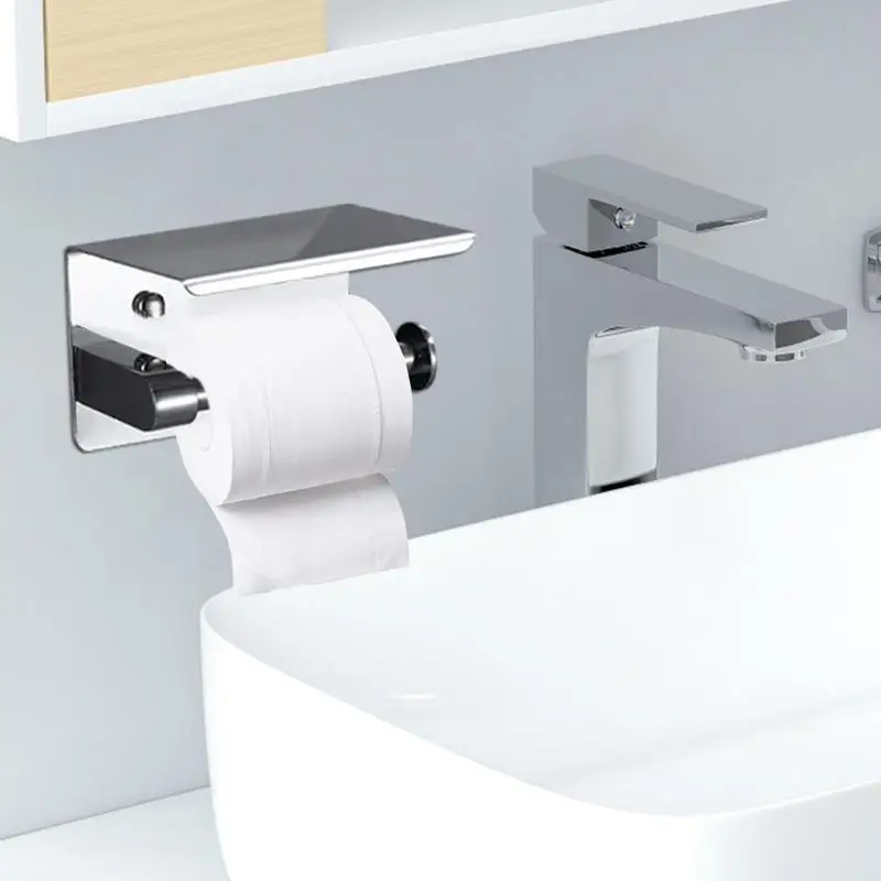 

Stainless Steel Toilet Paper Holder Multifunction Wall MountedToilet Paper Roll Holder With Phone Shelf Bathroom Accessories