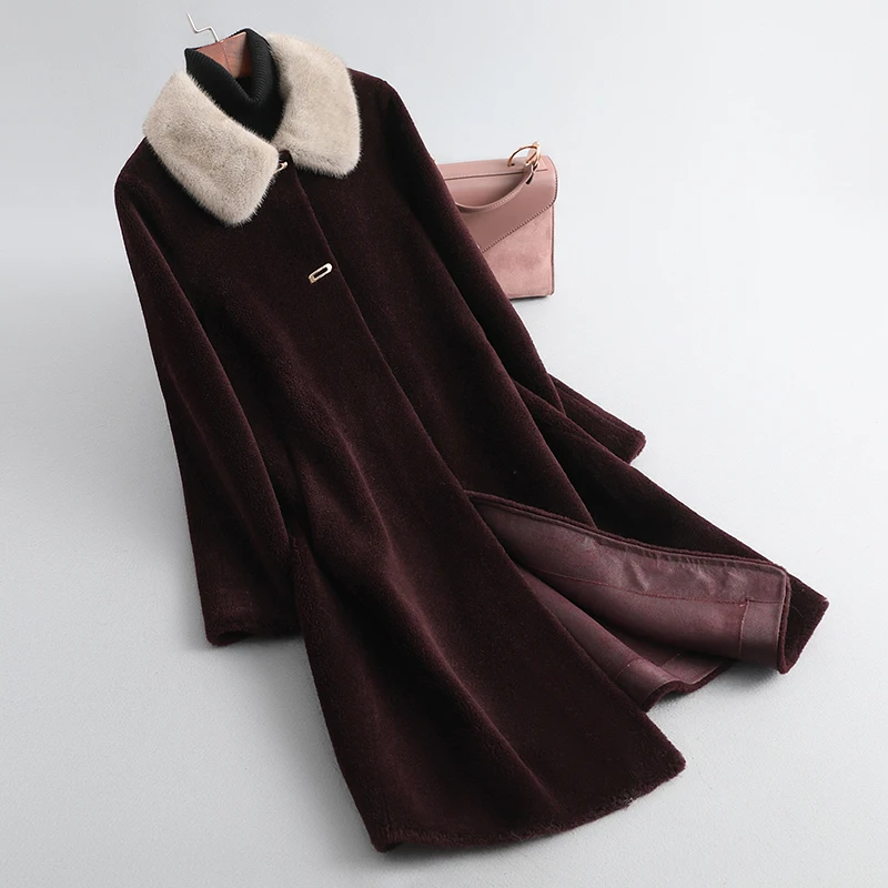 GOURS Winter Genuine Shearling Jacket Women Wool Real Fur Long Coat Natural Mink Fur Collar Thick Warm Soft New Plus Size LD1975