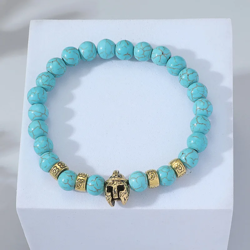 

Natural Grey Blue Orange Weathered Agate Stone Bracelet Golden Spartan Helmet Volcanic Stone Black Lava Wood Bead Bracelet