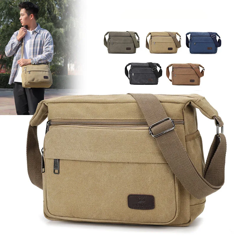 Men's Canvas Bag Crossbody Purse Large Capacity Multi Function Portable Male Bags Multi-Pocket Men's Shoulder Bag for Messenger
