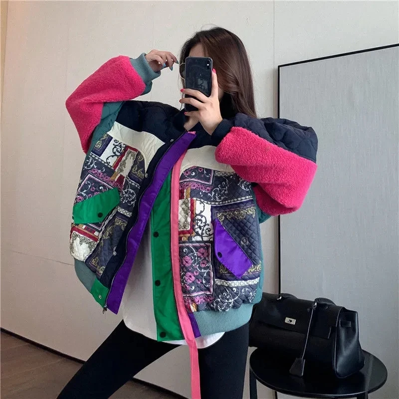 

Korean Spliced Parkas Jacket Women Winter Warm Lamb Wool Cotton Outerwear Fashion Colorblock Irregular Loose Streetwear Coats