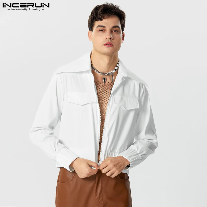 

Куртка INCERUN Мужская однотонная, повседневный укороченный жакет на молнии, с отложным воротником и длинным рукавом, уличная мода, осень 2023