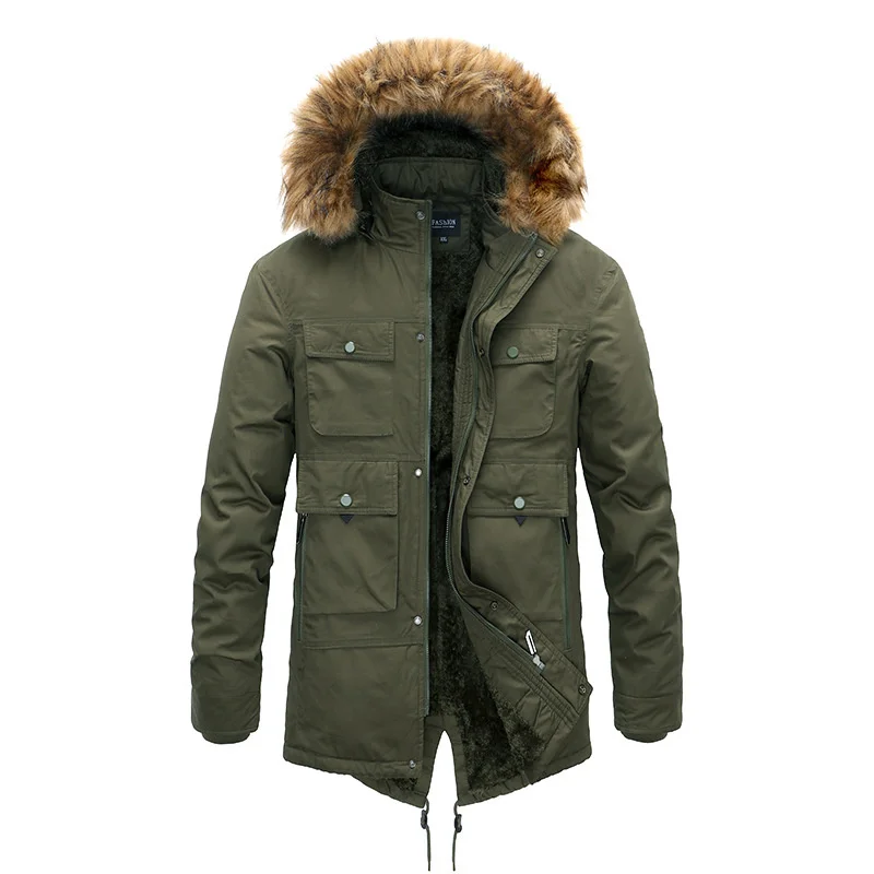 Thick Warm Jacket Men Cargo Multi-Pocket Outwear Outdoor Men's Winter Parkas Fleece Fur Collar Long Hooded Coat Windbreaker 4XL
