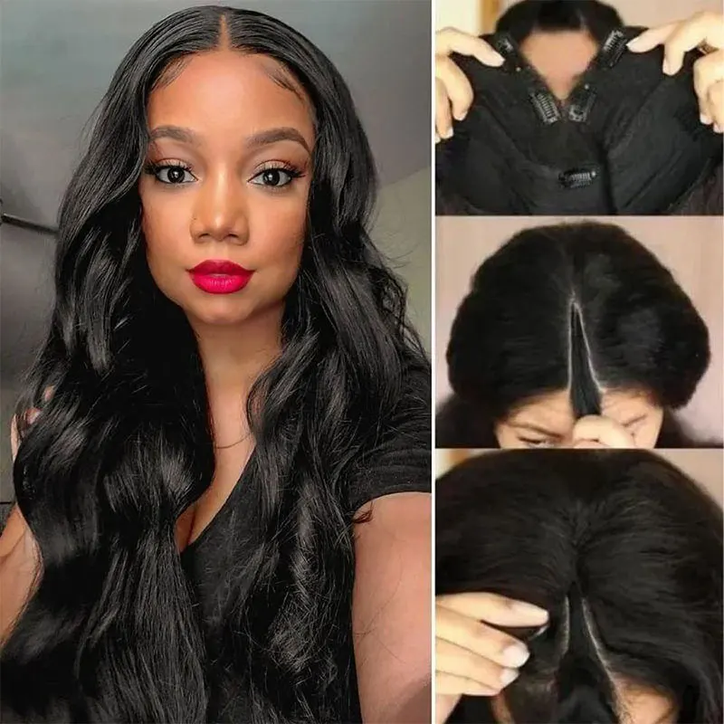 V Part Body Wave Wigs Human Hair No Leave Out U part Wigs V-Shape Human Hair Wig With Clips 180%D Natural Black With Clips Combs